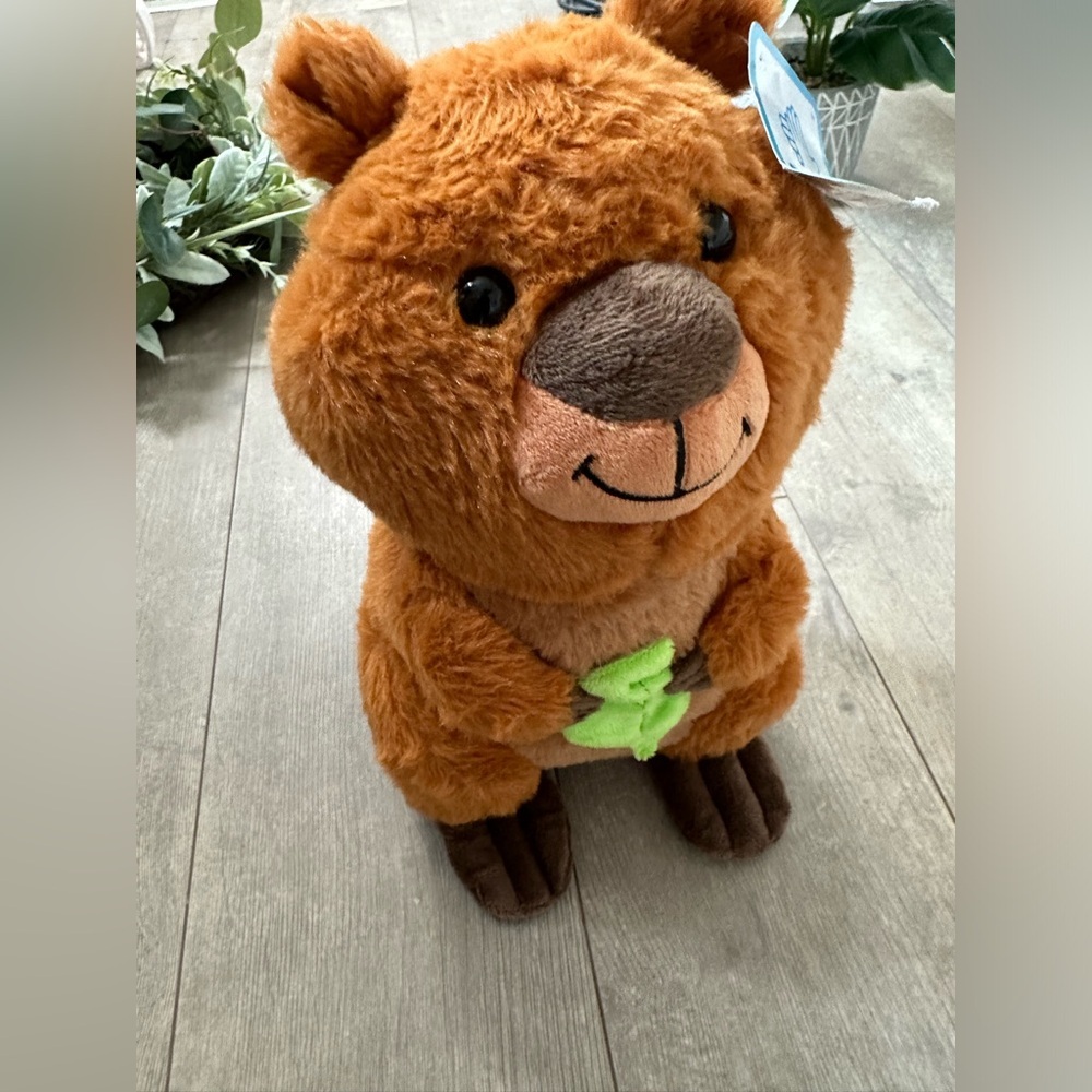 Vintage Plush Beaver with Green Leaf Stuffed Animal Friend Applause
